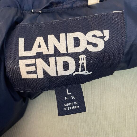 Lands' End Women Puffer Vest Sz14/16 Navy Founders Stripe 600 Down Full Zip Warm - Picture 12 of 13
